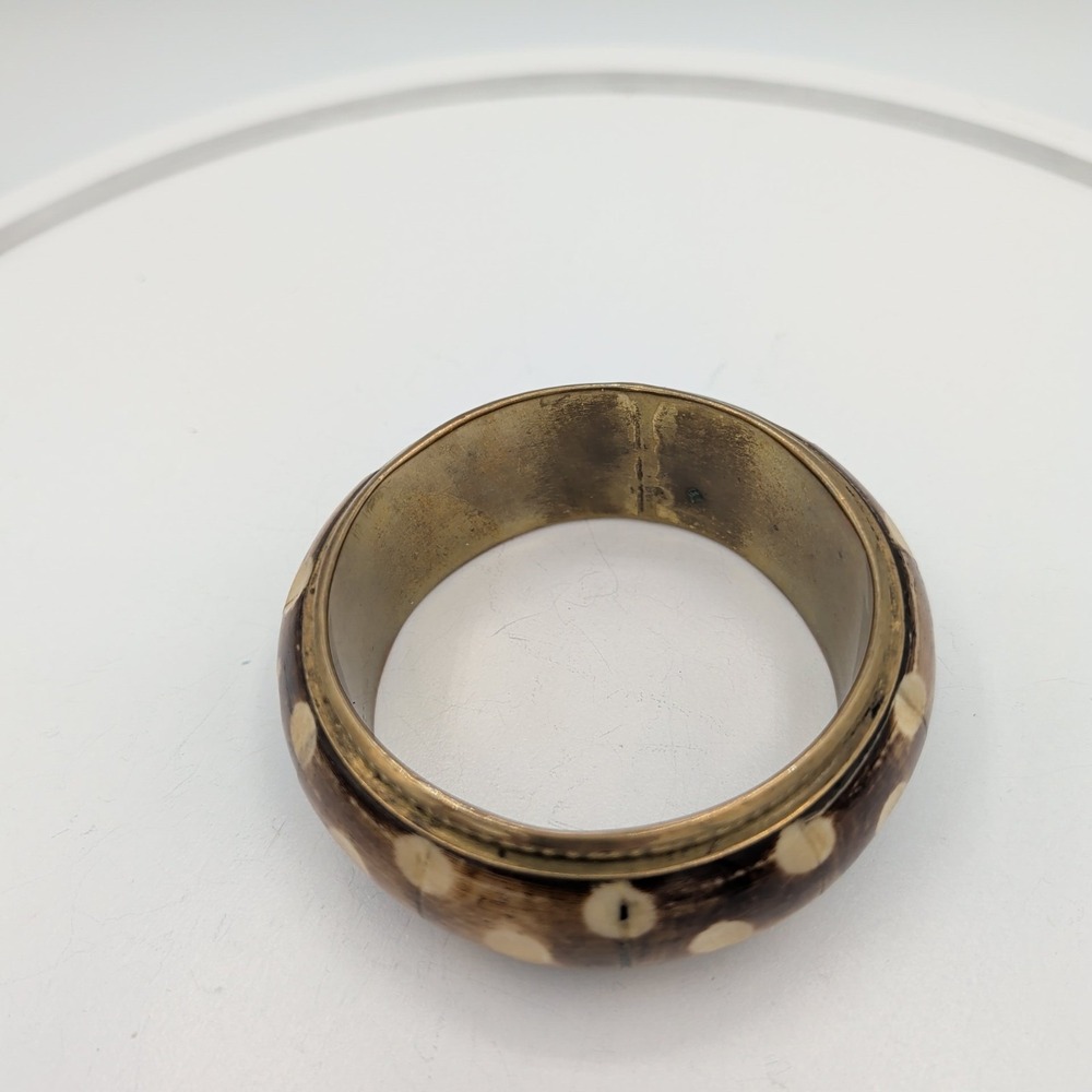 Vintage Brass Bangle Bracelet Inlaid‎ Batik Bone Polka Dot Boho Ethnic 7.5 - Picture 4 of 10